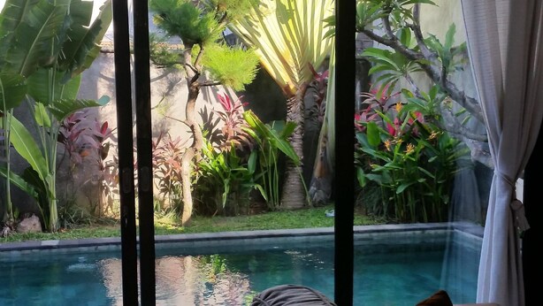 Una habitación con un amplio ventanal con vistas a una piscina y un jardín exuberante.