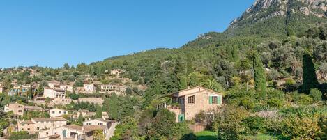 A hillside village with stone buildings, some with green shutters, and a prominent mountain in the background.