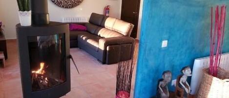 Televisión, chimenea, reproductor de DVD, estéreo