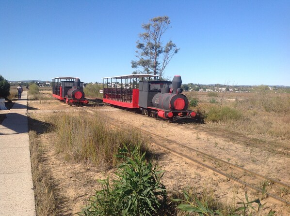 A small, red and black train on a track in a rural area with a clear sky.