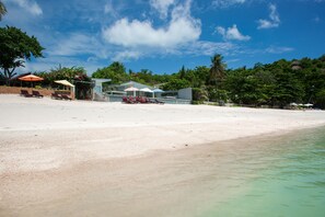 On the beach, sun loungers, beach towels