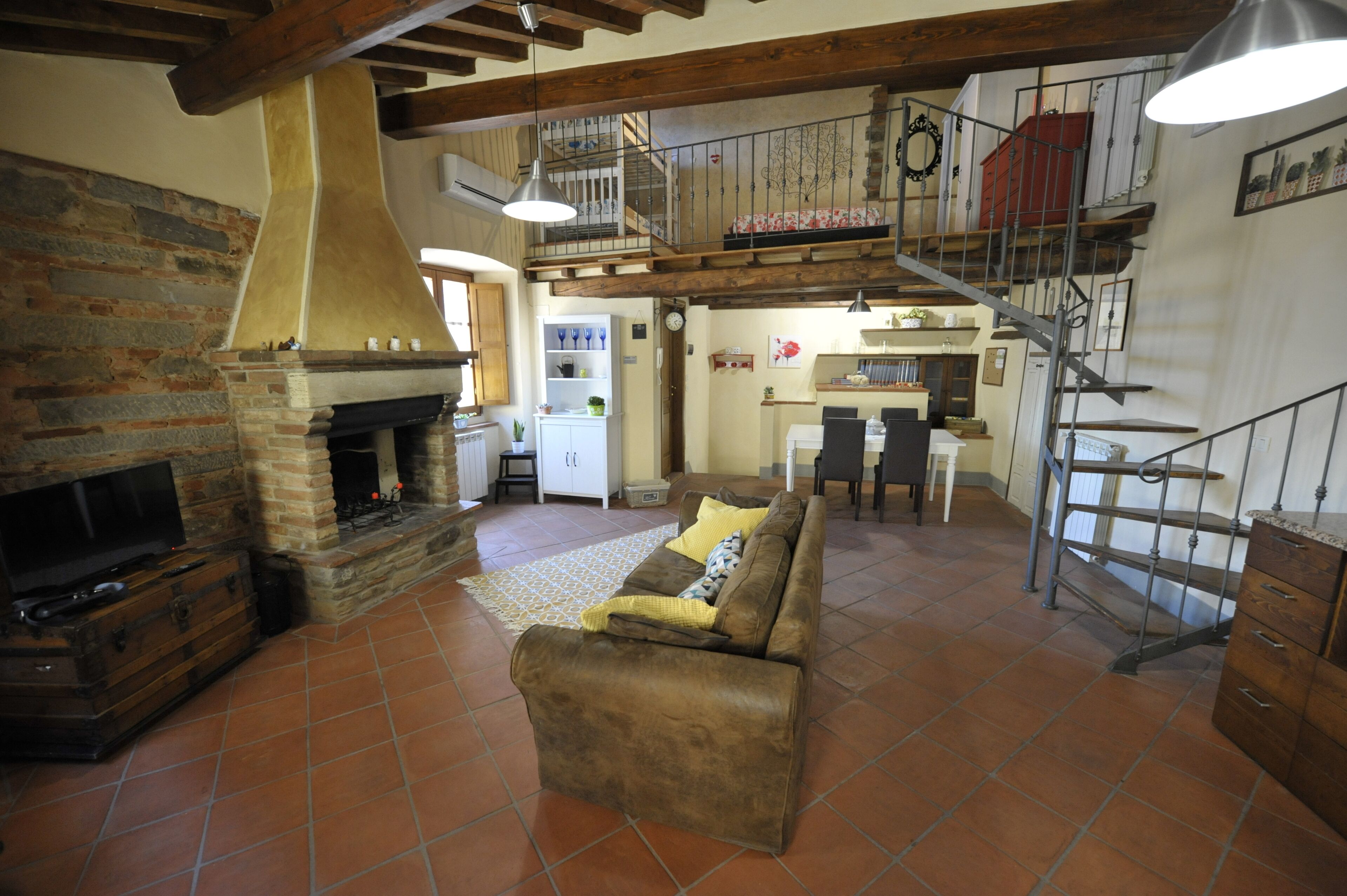 TV, fireplace, books