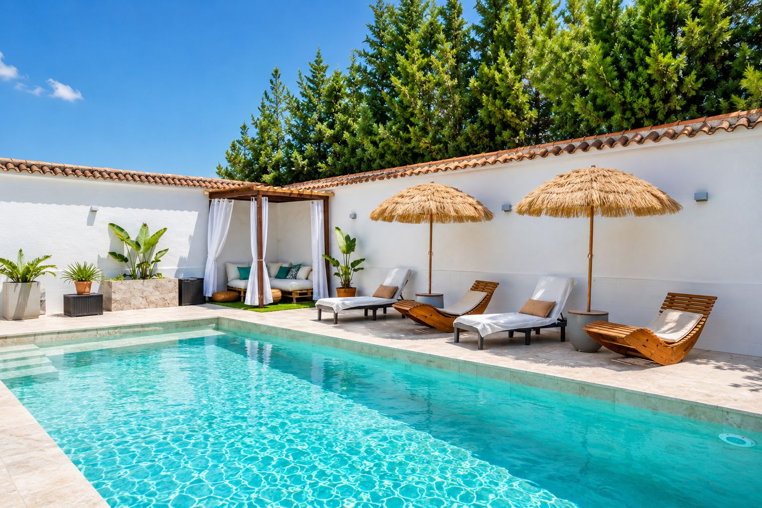 Un área de piscina con sillones de descanso, una pérgola y plantas en macetas.