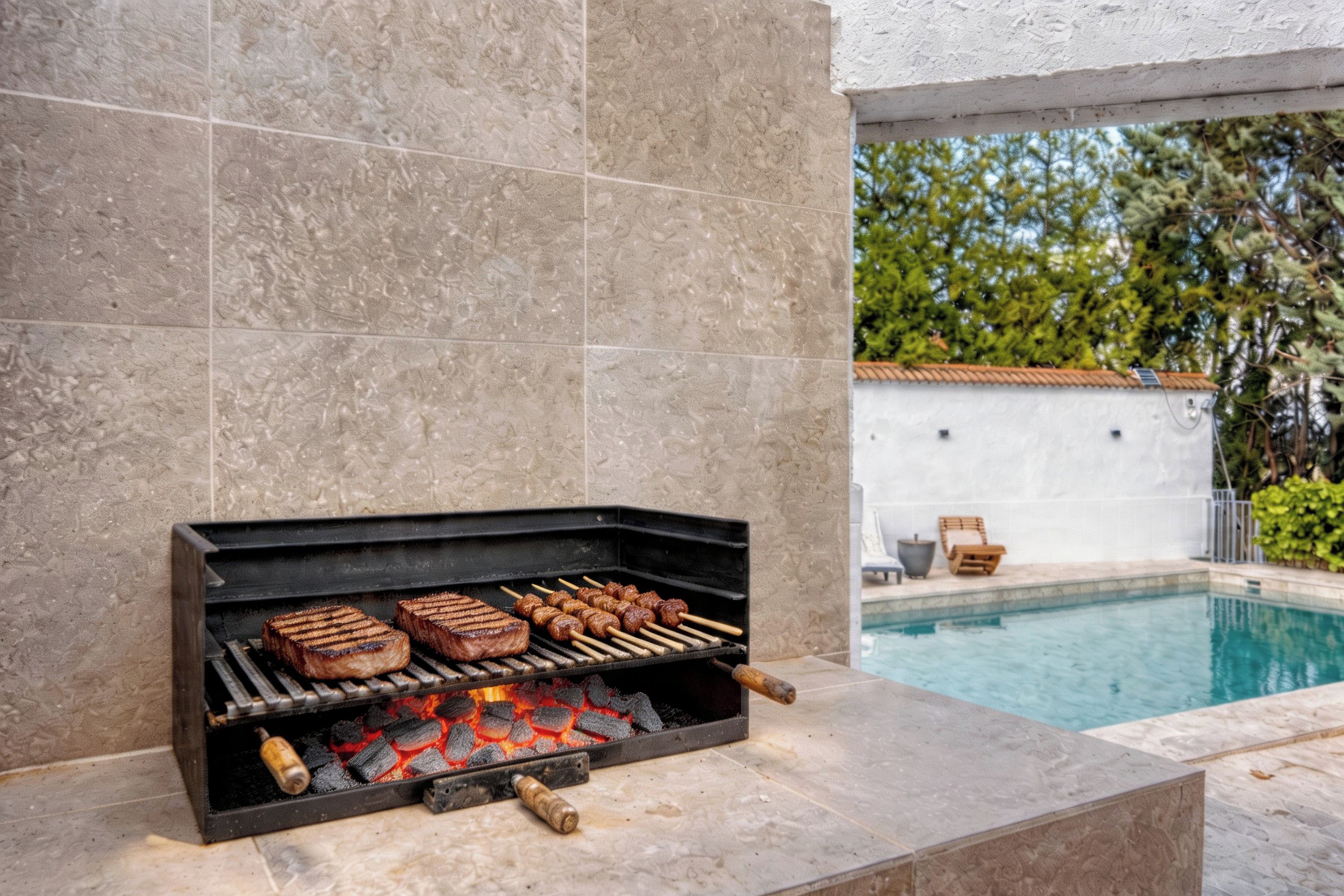An outdoor grill with charcoal, a pool, and a white wall with a tiled floor.