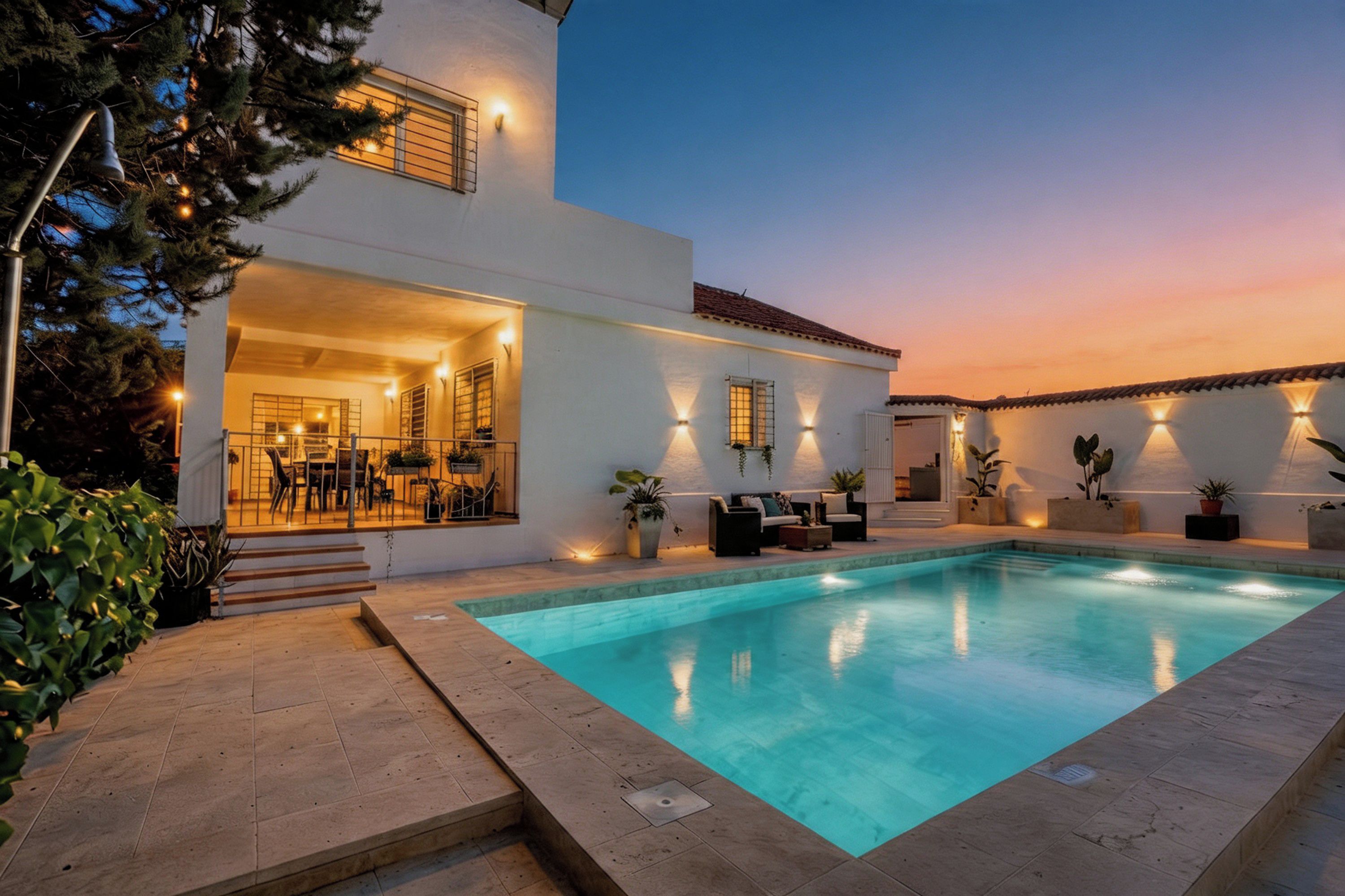 Ett modernt hus med en swimmingpool, utomhusmöbler och en väl upplyst entré.