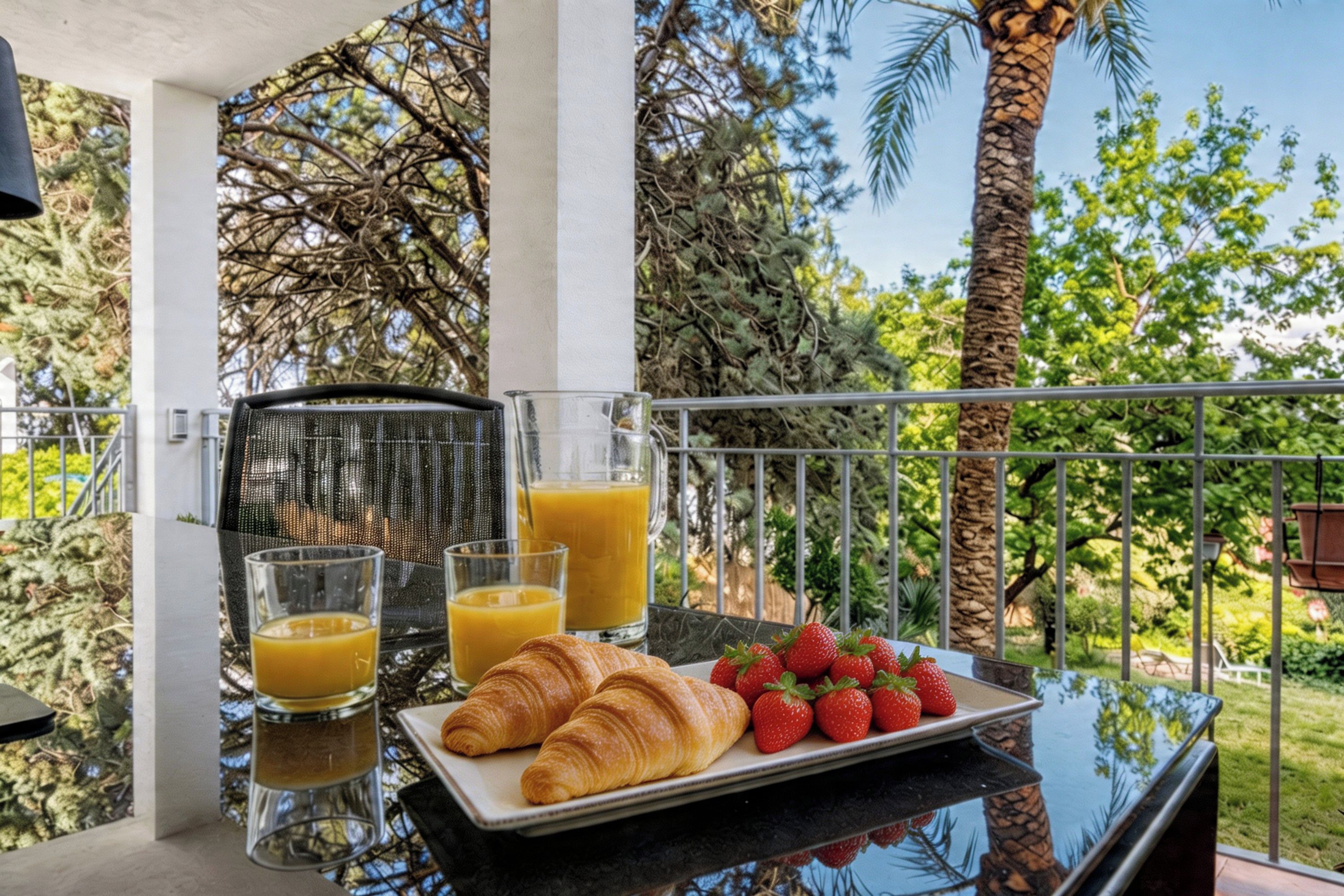 Un petit-déjeuner composé de croissants, de fraises et de jus d’orange, servi sur un balcon offrant une vue sur les arbres et un ciel dégagé.
