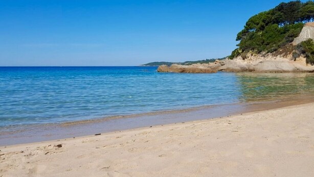 Ein Strand mit klarem, blauem Wasser, sandigem Ufer und einer felsigen Klippe mit Bäumen.