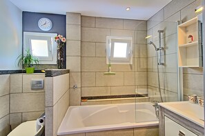 Combined shower/bathtub, hair dryer, soap, toilet paper