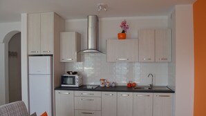 Eine moderne Küche mit hellen Schränken, einer Edelstahl-Dunstabzugshaube, einer Mikrowelle, einem Spülbecken und einer kleinen Arbeitsfläche mit einem Blumentopf.