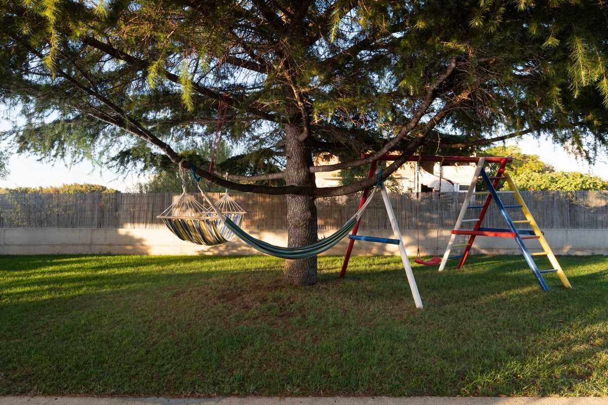 A hammock hanging from a tree, a swing set, and a ladder.