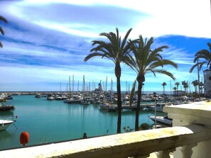 Un port de plaisance avec des bateaux amarrés, des palmiers et un ciel dégagé.