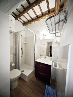 Douche, sèche-cheveux, serviettes fournies, savon