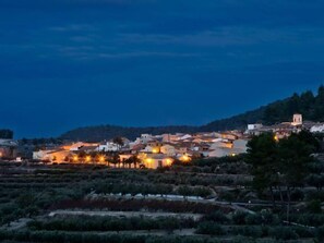 Eine Küstenstadt im Abenddämmerung mit beleuchteten Gebäuden und terrassenförmig angelegten Weinbergen.