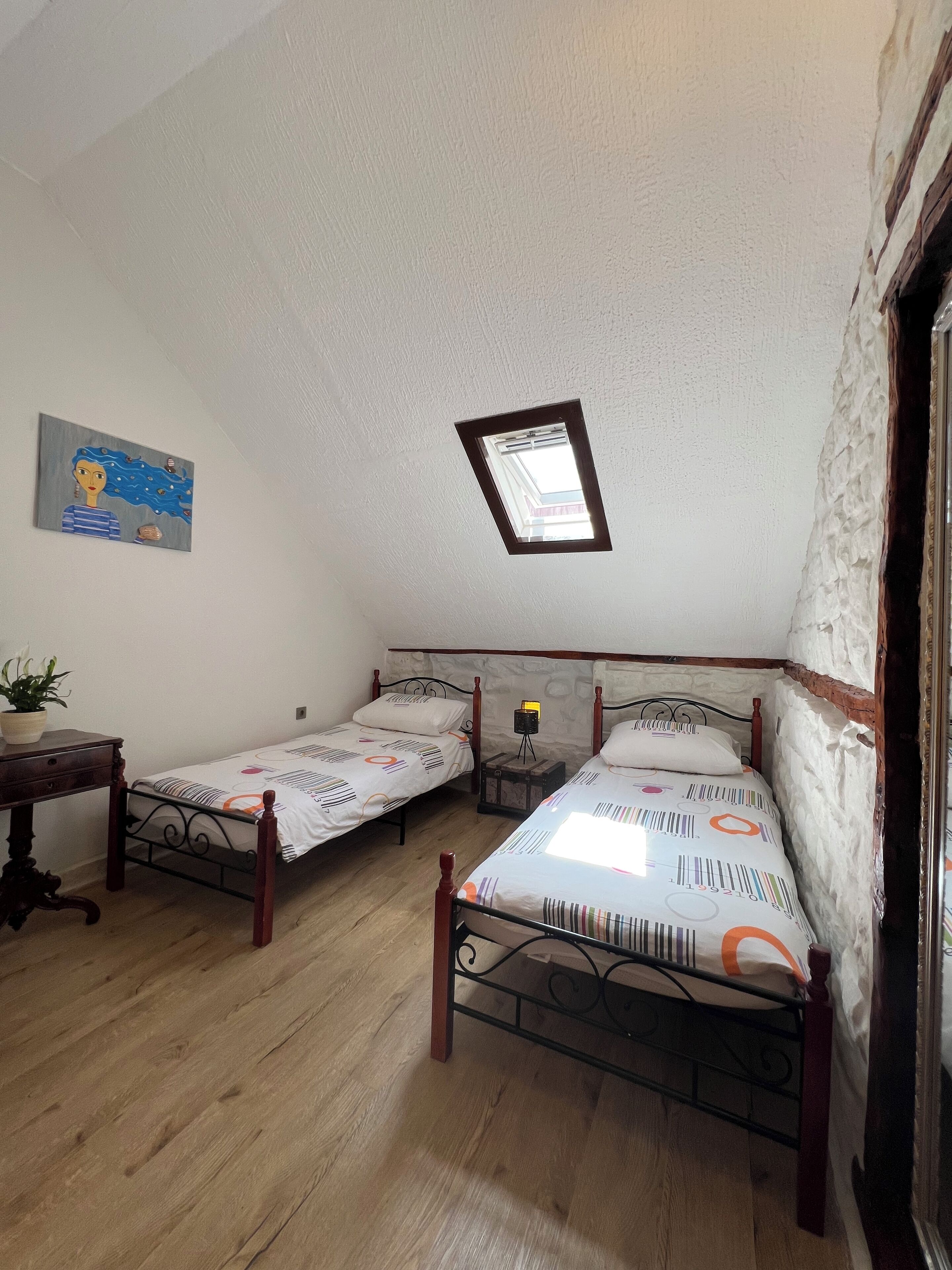 Un dormitorio con dos camas, una mesita con una planta, un cuadro en la pared y un tragaluz.