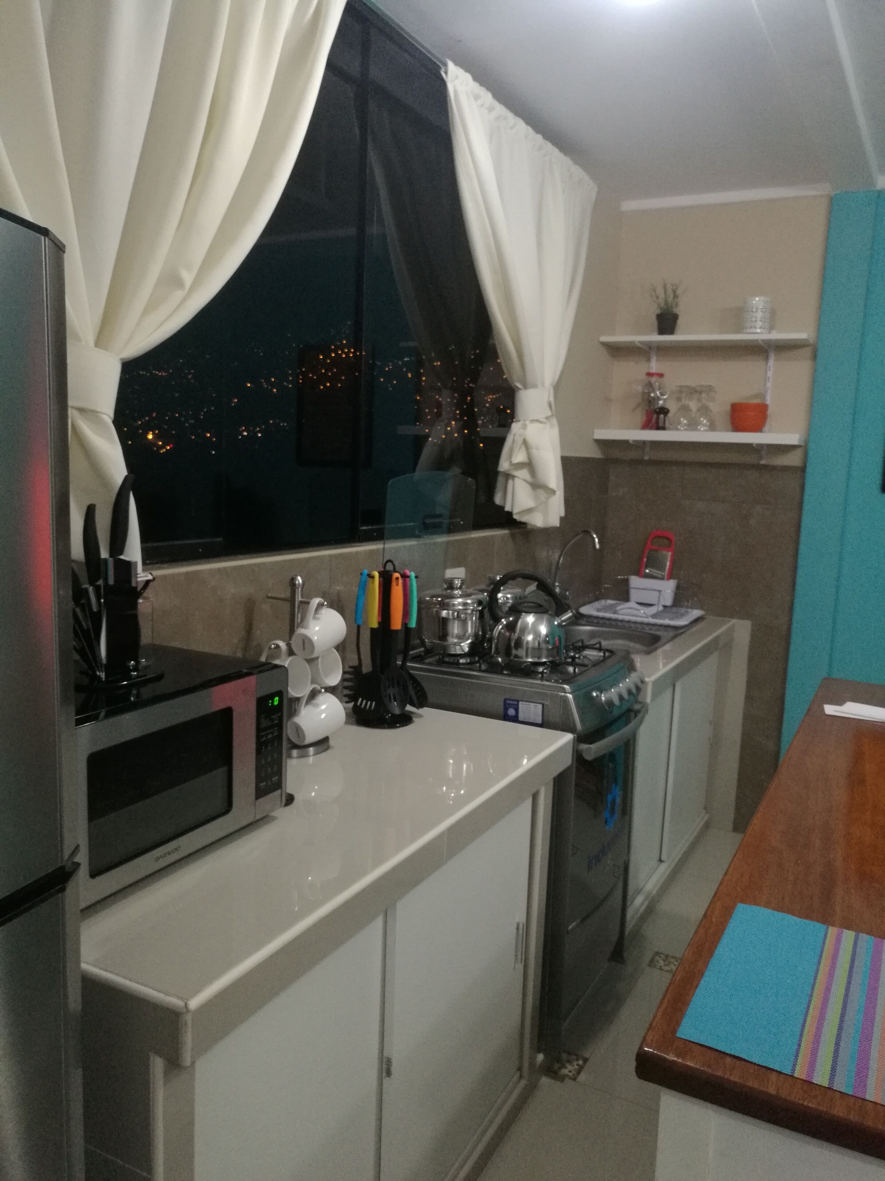 Fridge, microwave, oven, cookware/dishes/utensils