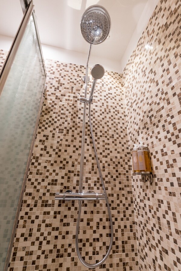 Shower, hair dryer, bidet, towels