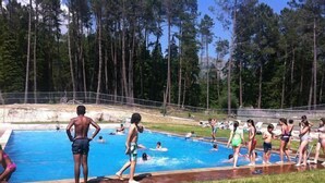 Ein Schwimmbecken, umgeben von einer Rasenfläche und hohen Bäumen.