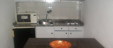 Fridge, microwave, coffee/tea maker, cookware/dishes/utensils