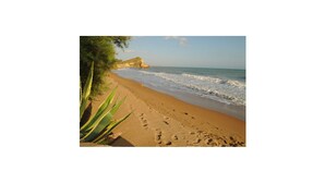A beach with clear skies, a sandy shore, and a rocky outcrop in the distance. - sea view villa immersed in olive grove (sciacca)