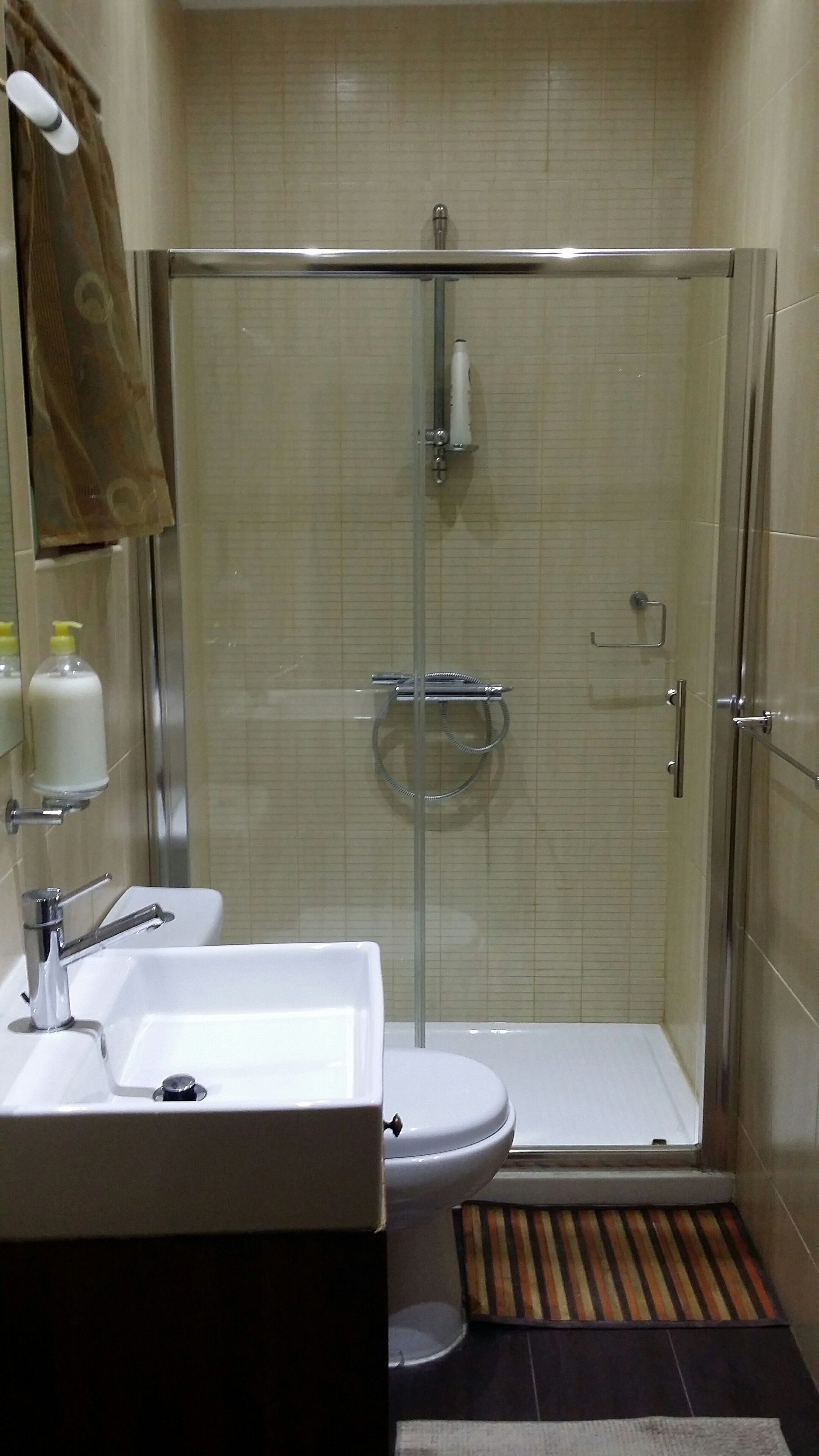 Hair dryer, towels, soap, shampoo