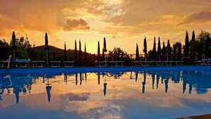 Una piscina con reflejos nítidos de árboles y un cielo al atardecer.