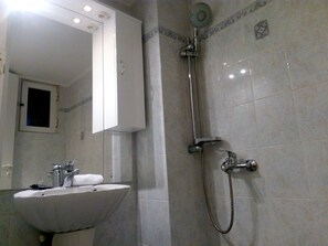 Combined shower/bathtub, hair dryer, towels