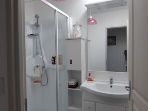 Ensemble baignoire-douche, séchoir à cheveux, serviettes fournies, savon