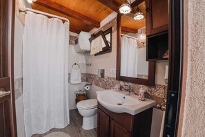 Shower, hair dryer, bathrobes, towels