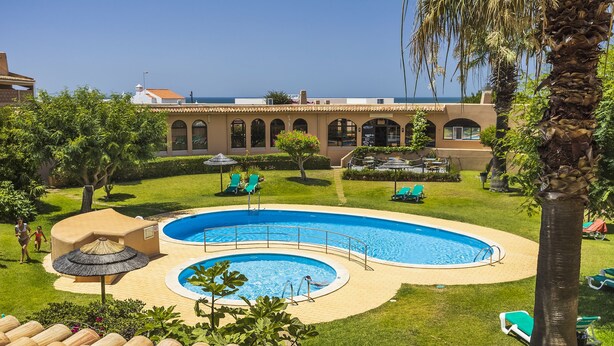 Une piscine au design incurvé, entourée d’une pelouse bien entretenue et de palmiers.