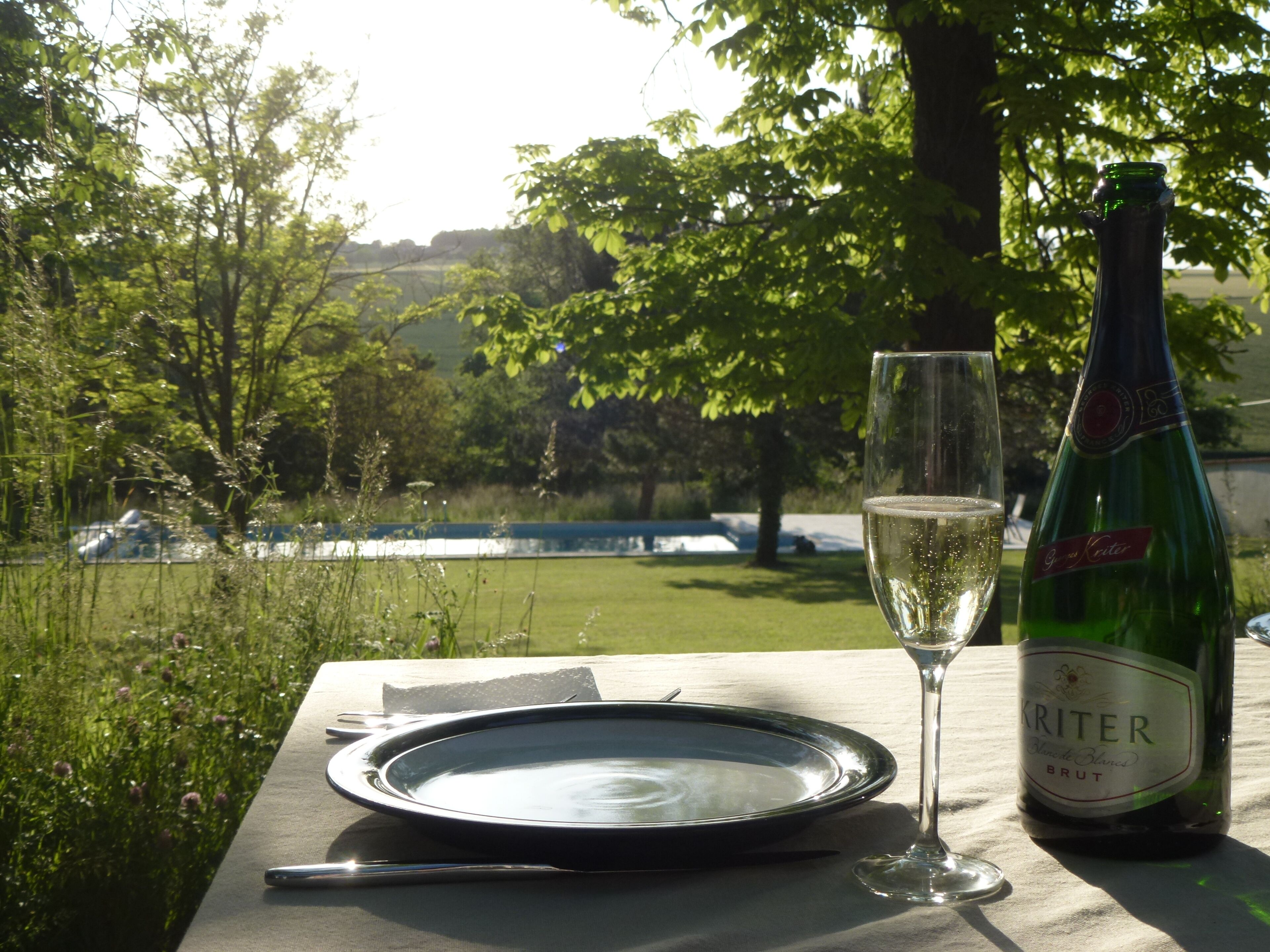 A bottle of Kriter wine, a glass, and a plate on an outdoor table with a view of trees and a body of water in the background.
