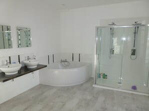 Bathtub, hair dryer, bidet, towels