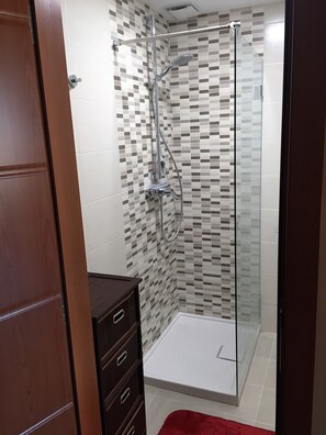 Regadera, secadora de cabello, toallas, papel de baño 