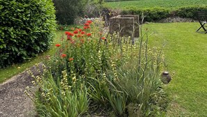 A garden with a stone wall, a hedge, and a view of a rural landscape.