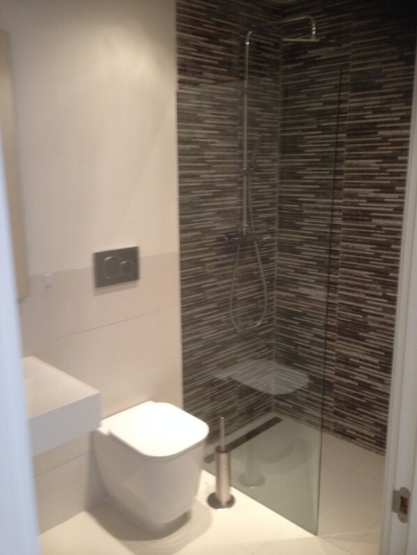 A modern bathroom with a glass shower enclosure, a white toilet, and a minimalist sink area.