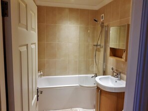 Combined shower/bathtub, hair dryer, towels, soap