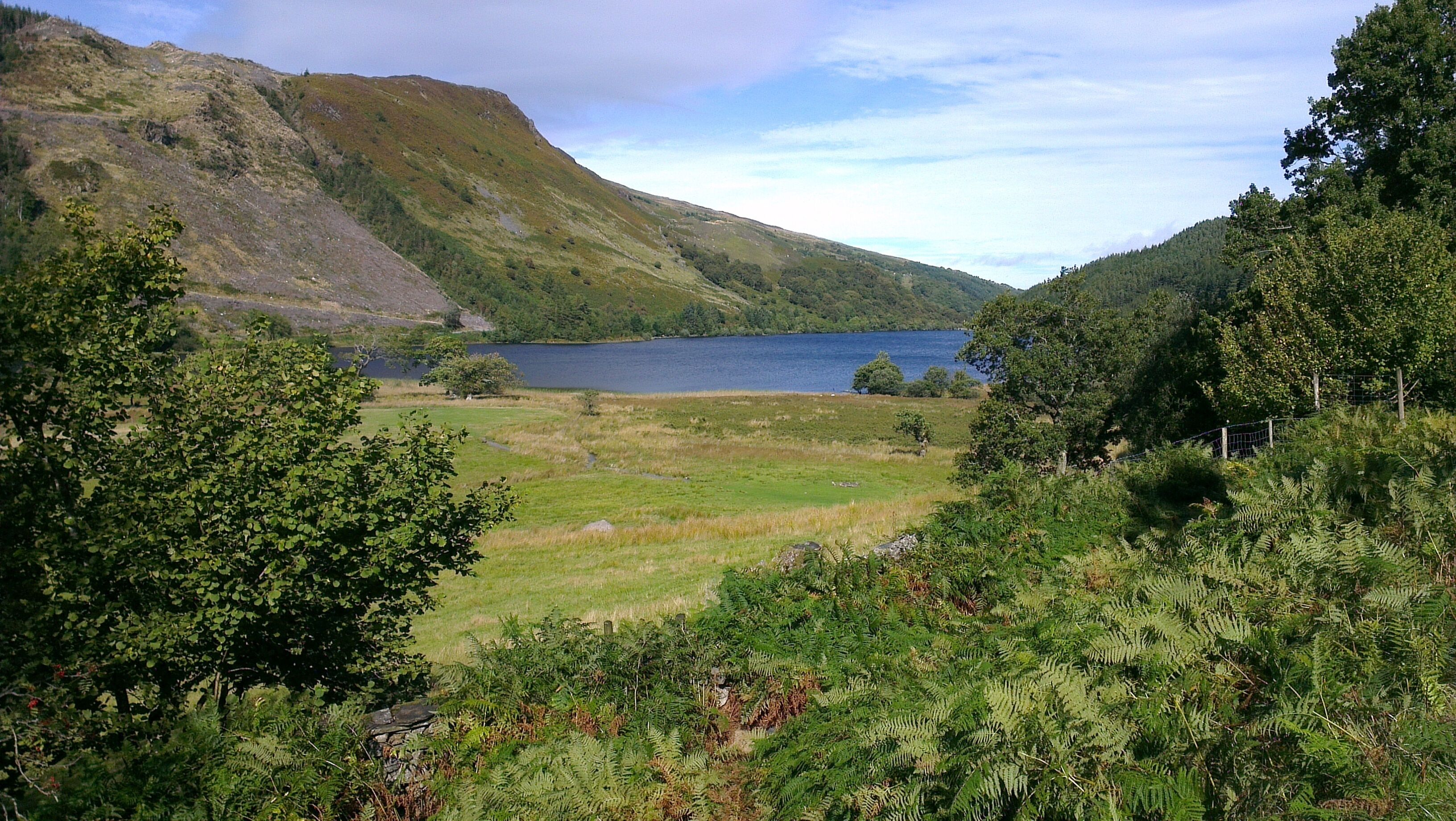 Un paisaje montañoso con un lago, rodeado de abundante vegetación y árboles.