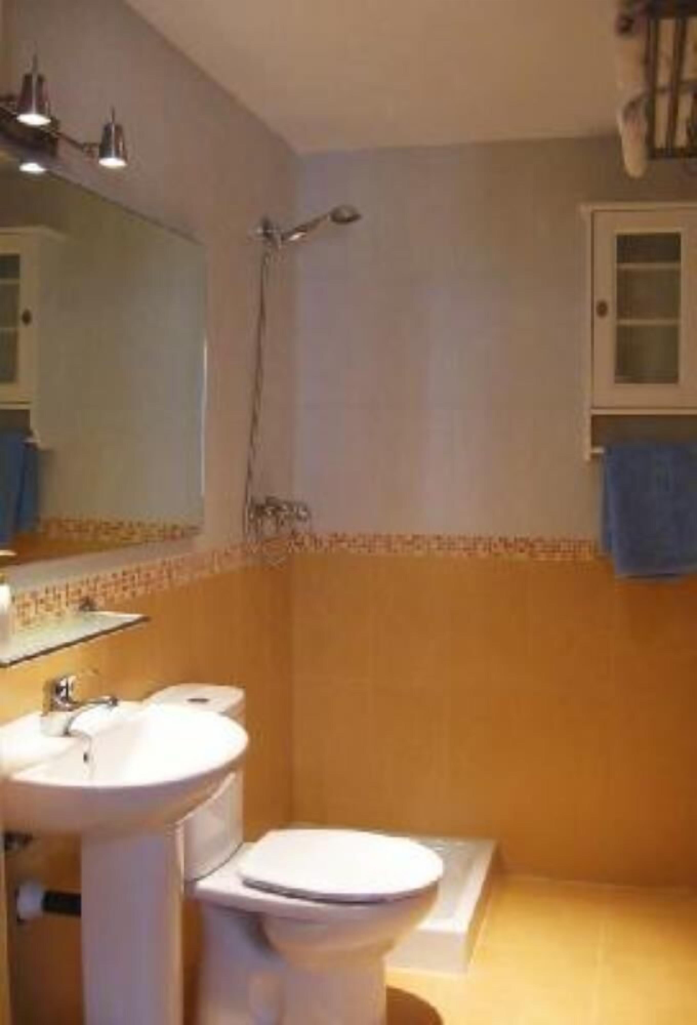 A bathroom with a sink, toilet, and shower.