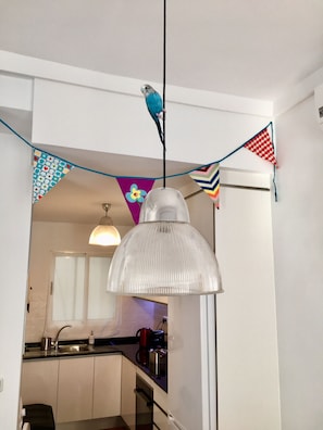 Una cucina con una lampada a sospensione, una parete a righe e una finestra con persiane.