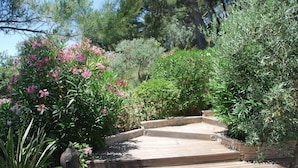 A wooden deck with a Buddha statue, surrounded by lush greenery and flowering plants. - Nice architect house with stunning pine view only 4km from Aix en Provence (Saint-Marc-Jaumegarde)