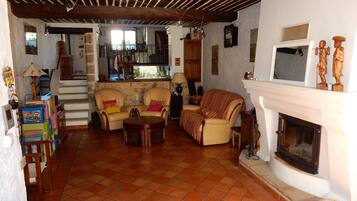 Televisie, een open haard, een dvd-speler en boeken