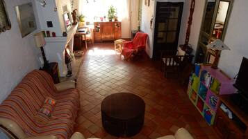 Televisie, een open haard, een dvd-speler en boeken