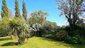 A well-maintained garden with a variety of trees and shrubs, a clear sky, and a grassy lawn. - Holidays House, NORMANDY, Gite in the marshes of Carentan -wifi (Terre-Et-Marais)