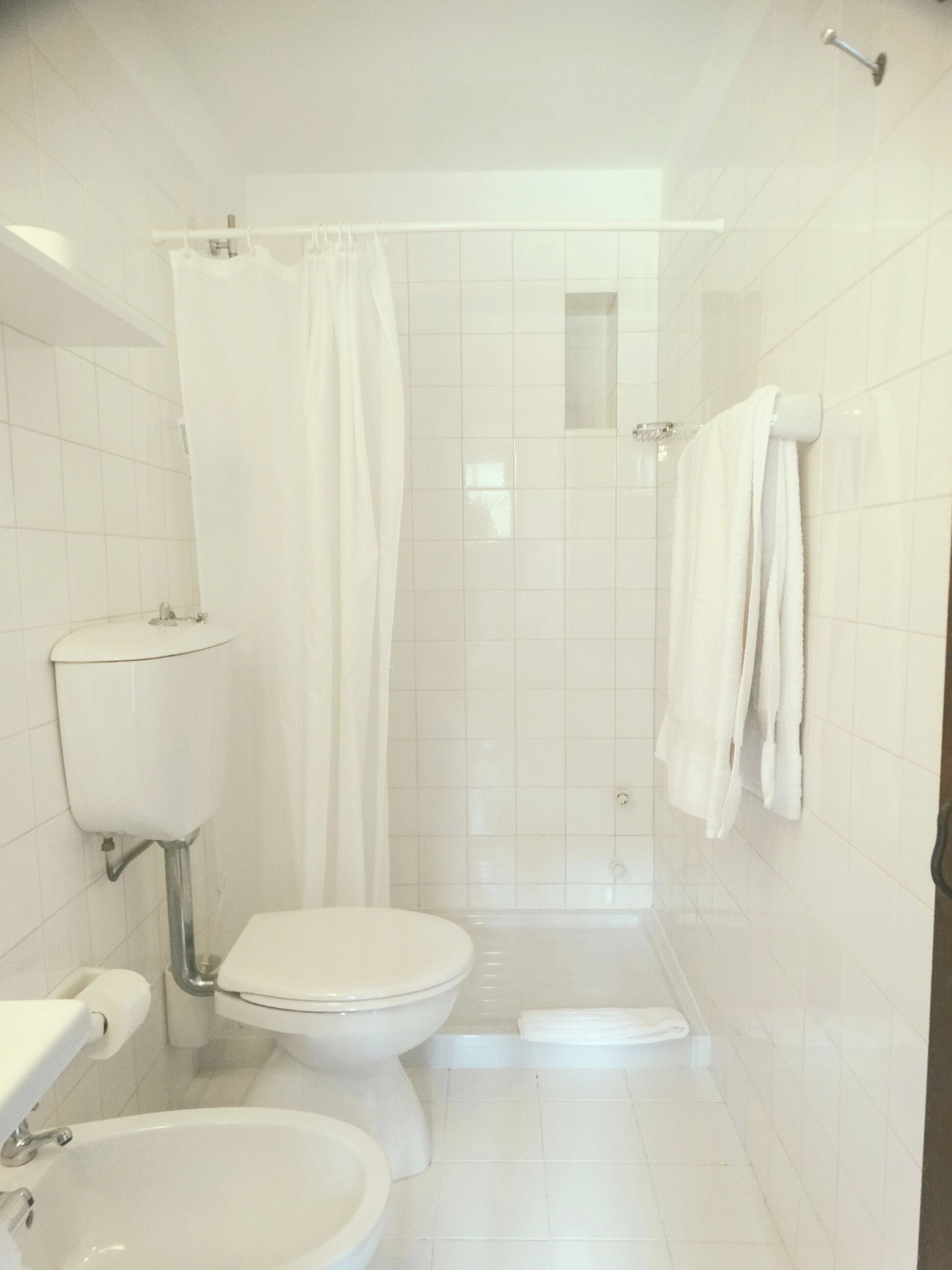 Un baño con inodoro, bidé y zona de ducha.
