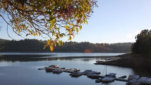 A calm lake with boats docked along the shore, surrounded by trees and a clear sky.