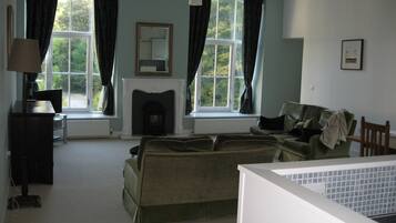 Smart TV, fireplace, DVD player, books