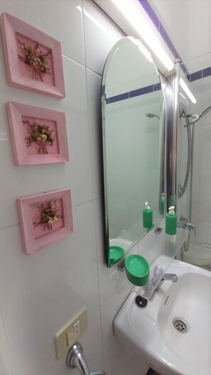 Een douche, een haardroger, handdoeken, zeep