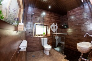 Douche, baignoire à jets, sèche-cheveux, serviettes fournies
