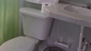 Ein Badezimmer mit Toilette, Waschbecken und Mülleimer.