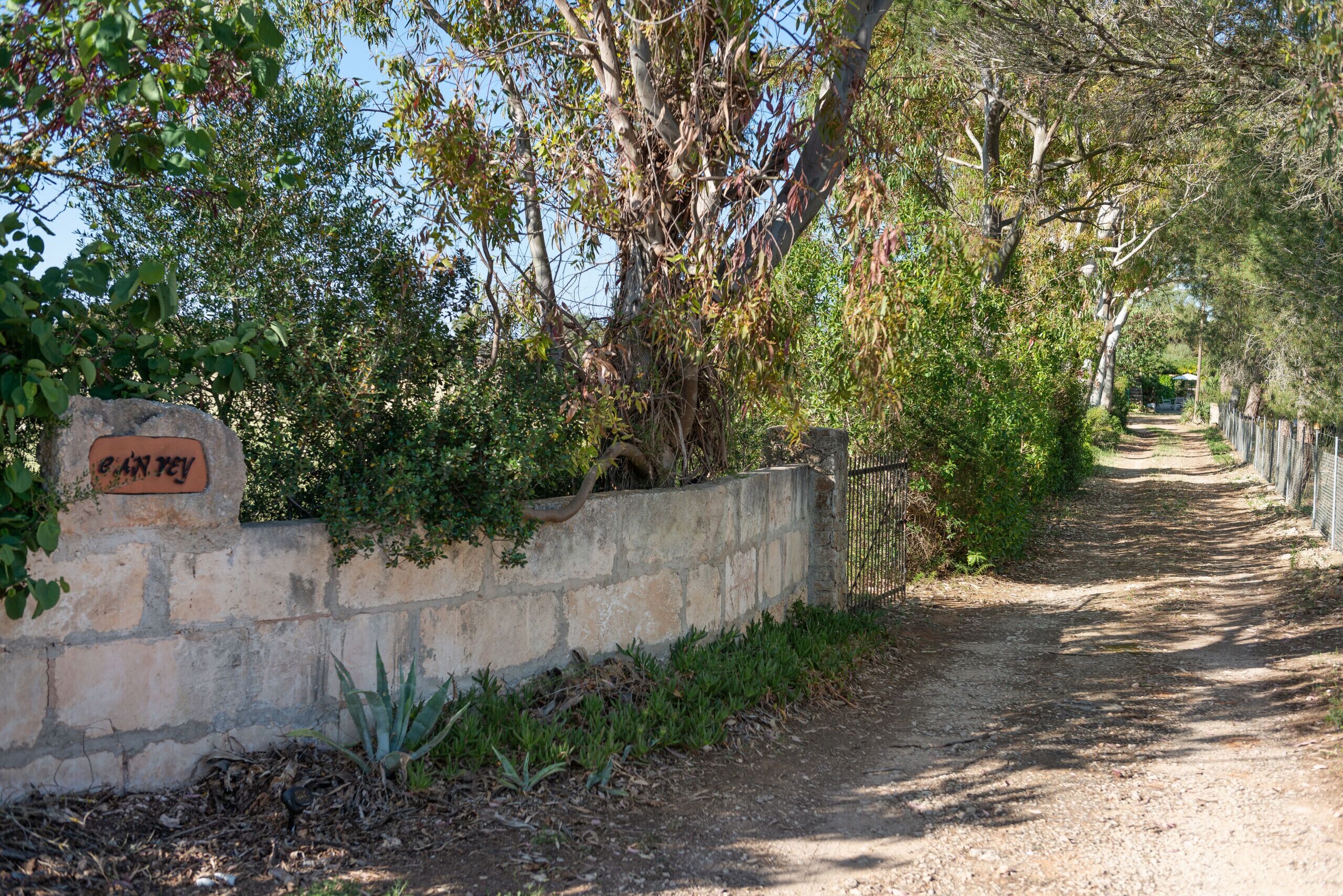 Un sentier de terre, bordé de murs de pierre et d’arbres, qui mène à une zone clôturée.