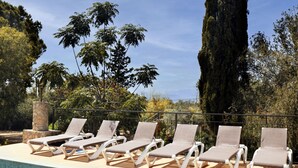 A swimming pool with lounge chairs and a tall tree in the background. - Sunset Ecofinca Can Vey - Country house with private pool (Inca)